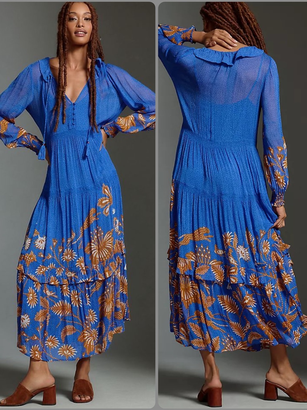 Anthropologie Electric Blue Maxi Dress with Gold Floral Print